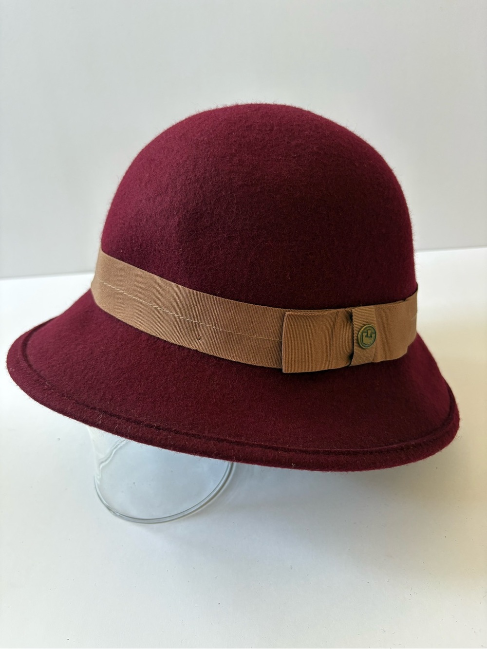 Goorin Bros. 100% Wool Cloche Fedora Bucket Hat Burgundy Red Beige Ribbon Trim M